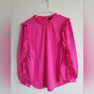 J. Crew Hot Pink Satin Crepe Ruffle Long Sleeve Blouse  Top Size Large